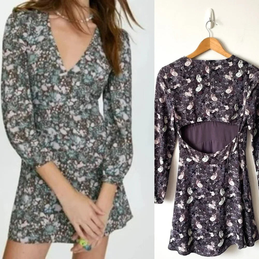 Aritzia Sunday Best Grayson Long Sleeve Cut Out Mini Dress  Purple Floral Size 4